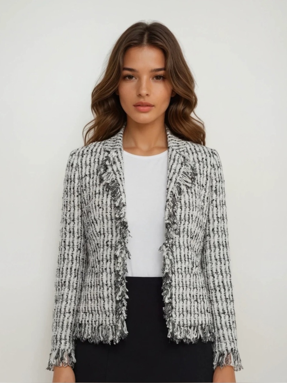 ESCADA Black & White Tweed w Fringe Blazer Jacket w Pockets Euro Size 40 = 9/10